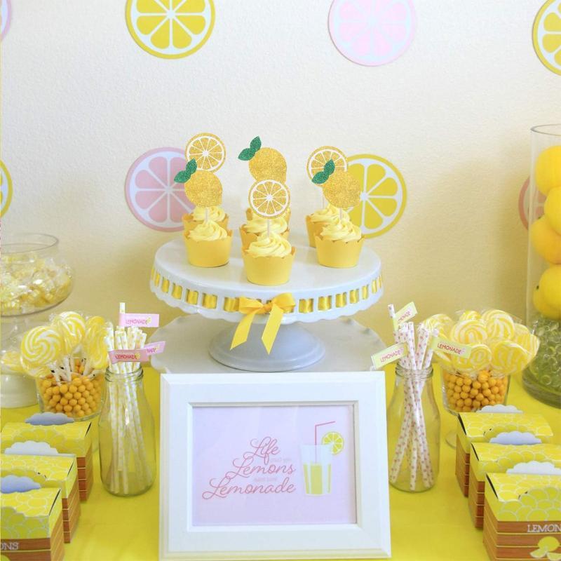 Summer Fruit Dessert Toppers 24Pcs Lemon Strawberry Cherry Design for Wedding Birthday Bridal Shower Party Decor
