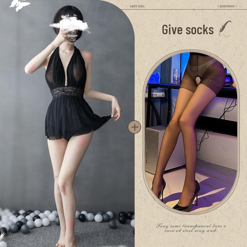 European-American Deep V Backless Mesh Halter Nightdress