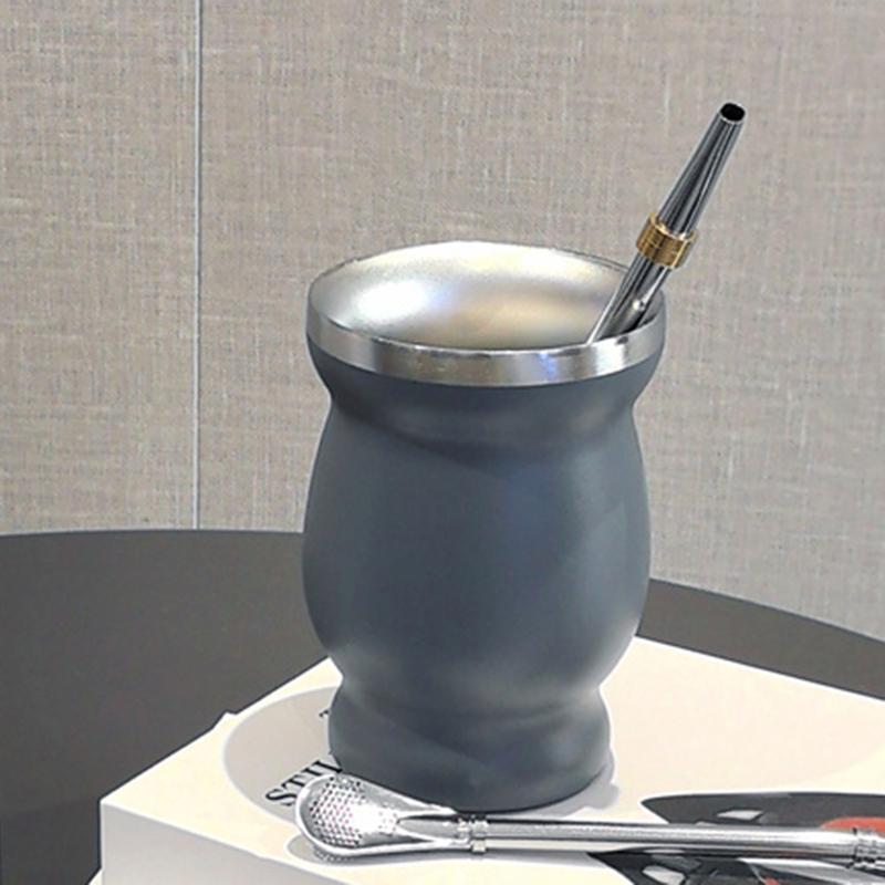 1 Set Yerba Mate Cup 304 Stainless Steel Double Wall 8oz Yerba Mate Gourd Cup With Straw Spoon And Cleaning Brush Teaware Sets