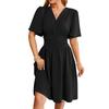 Damen Kurzarm V-Ausschnitt Midi-Kleid mit Taillenfalten und ausgestelltem Rock für Freizeit oder Outfits
