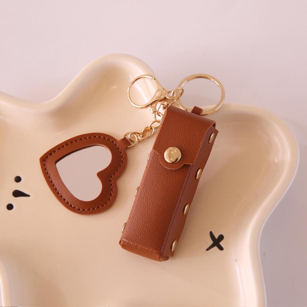 Heart-Shaped Mini Lipstick Keychain with Mirror: Portable Leather Holder for Girls