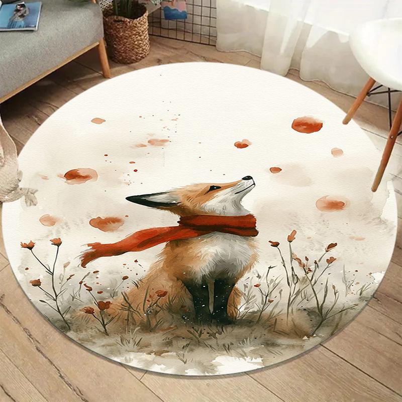 

Cute Fox Round Carpet Watercolor Autumn Floral Pattern Rug for Living Room Bedroom Kids Room Soft Floor Mat Cozy Home Decoration 80cm x 80cm
