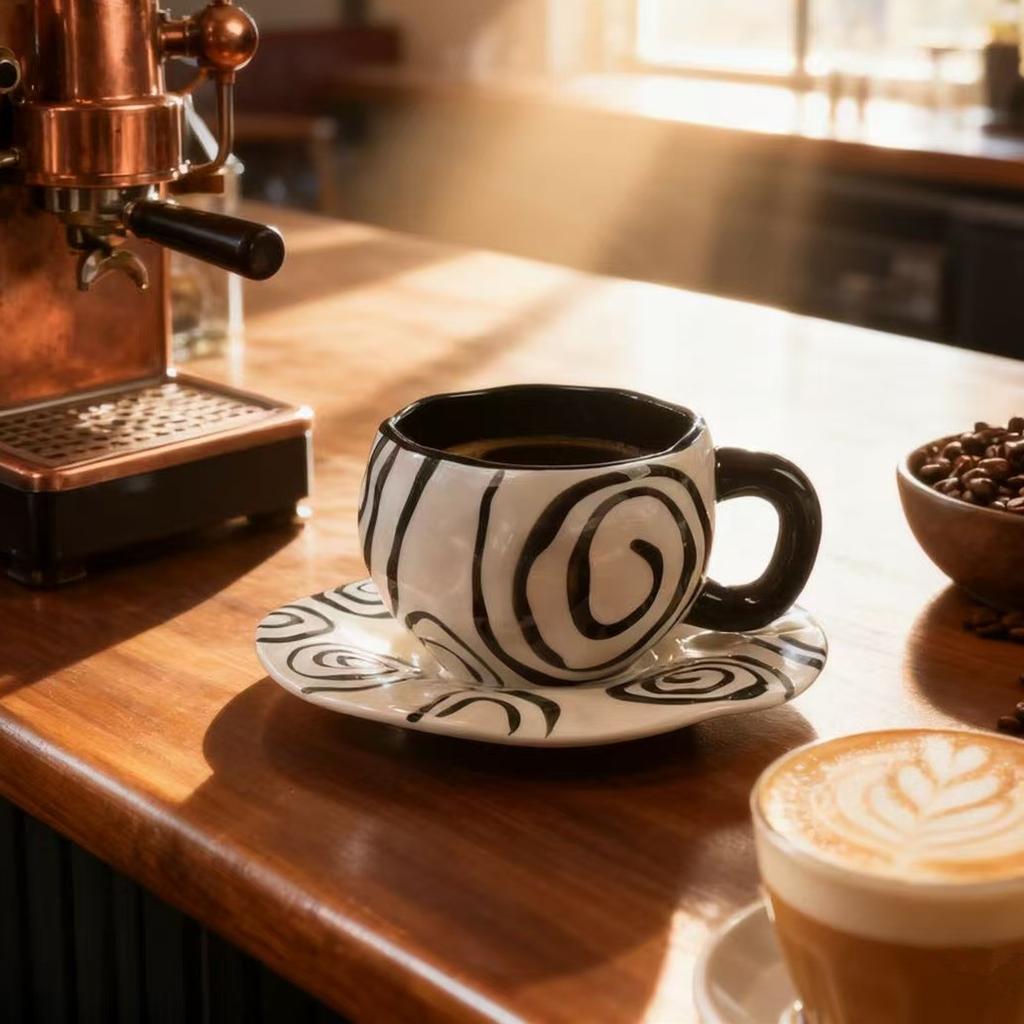 American retro black and white striped hand-painted ceramic coffee cups and saucers, high-value latte cups, niche design cups
