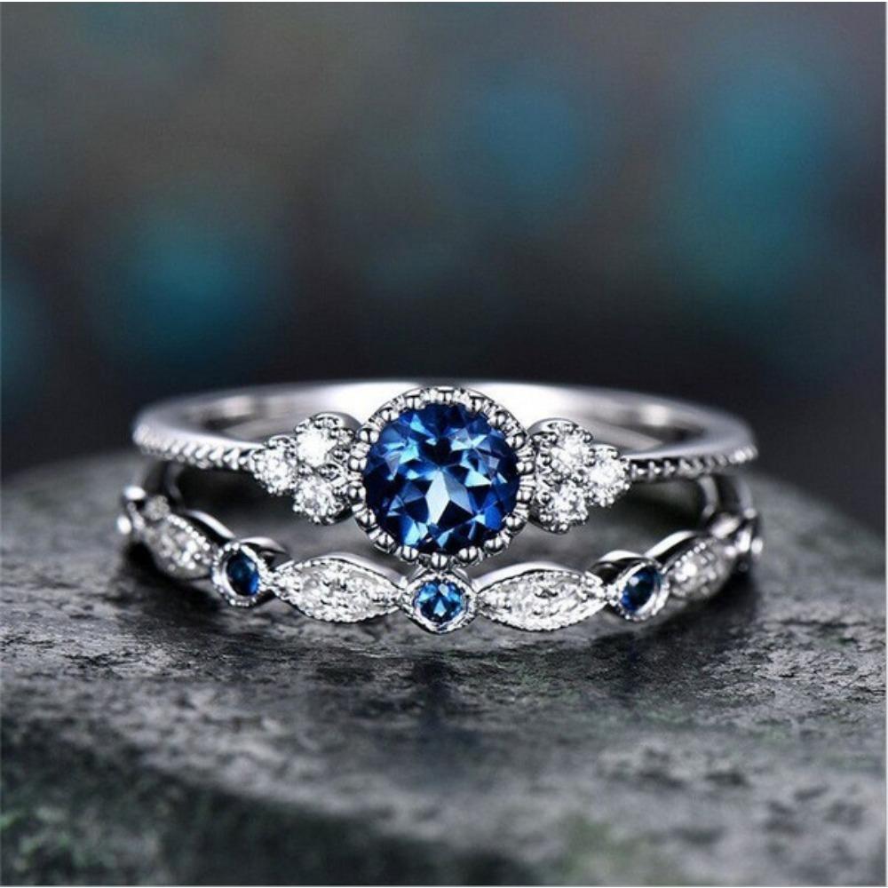 Elegant Emerald Zircon Ring For Women Blue Sapphire Wedding Band Set Fashion Jewelry