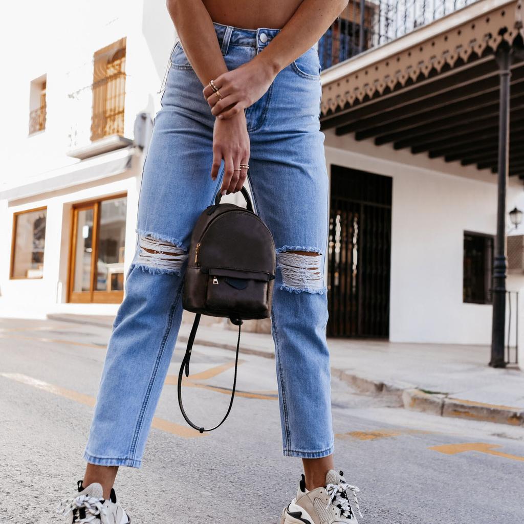 Women Button High Waist Pocket Elastic Hole Jeans Trousers Slim Denim Pants