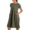 Vestido Casual de Algodón y Lino de Color Sólido para Mujer, Manga Corta, Cuello Redondo, con Bolsillos