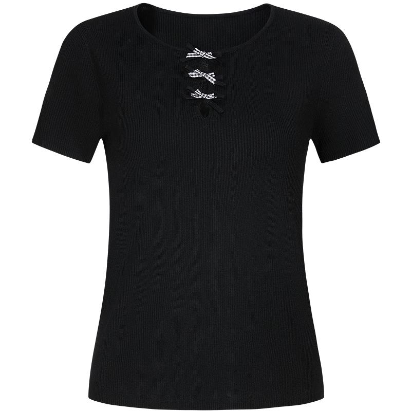 

JOUSANNE Soft Glow Bow-Knot Knit Short Sleeve Top XL