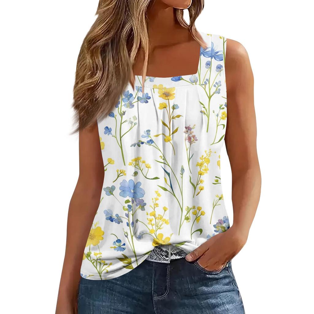 Women's Fashion Casual Pleated Square Collar Sleeveless Vest Print Summer T-shirt