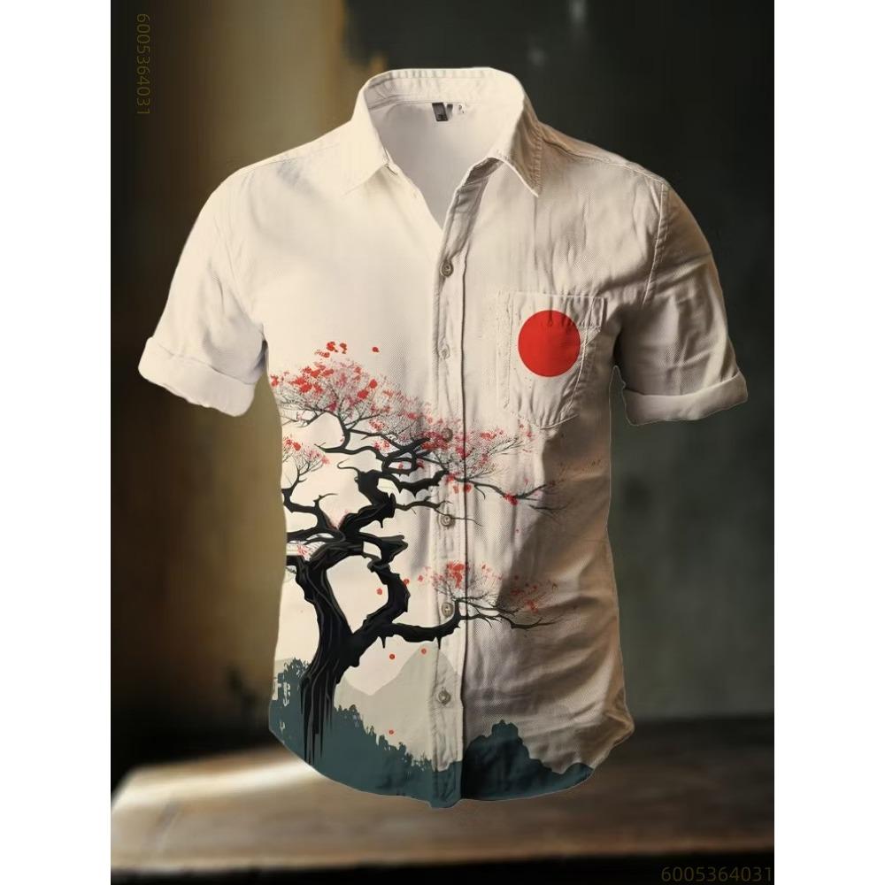 2026 New Men's Striped Sun God Totem Print Hawaiian Collar Short-Sleeve Shirt, Casual, Loose, Comfortable, and Versatile Top