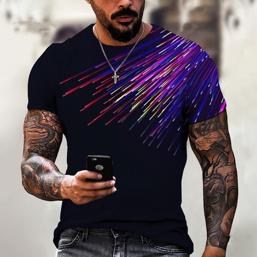 Summer Round Neck Abstract Brush Stroke 3D Print Top Fashionable Casual Short Sleeved Men's T-shirts