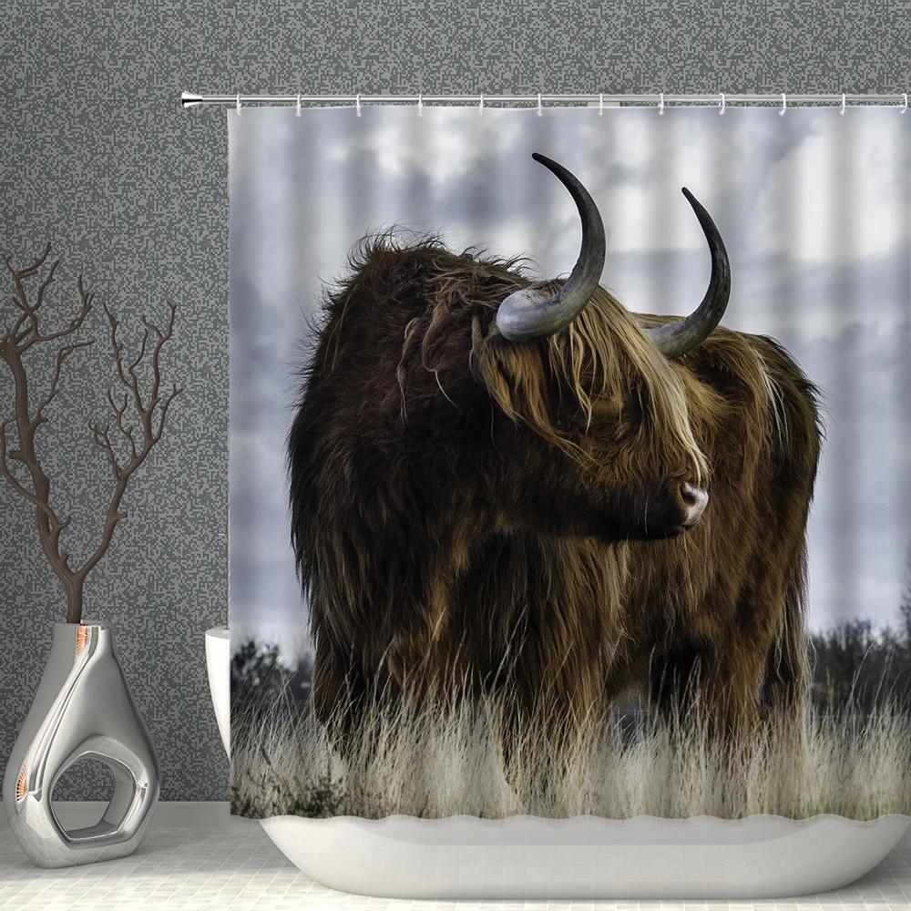 

Животное Корова Занавески для душа Искусство 3D-печать Длинный як на траве Природный пейзаж Занавеска для ванной Полиэстеровая ткань Декор для ванной W90XH180cm
