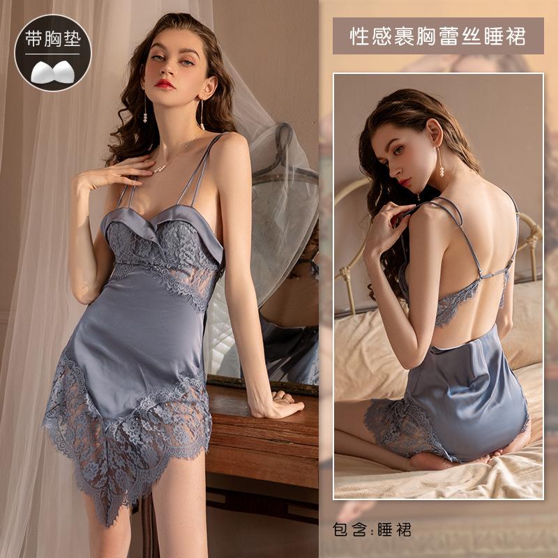 Sexy pajamas women's summer new ice silk suspenders pure desire temptation lace sleeveless pajamas high-end loungewear