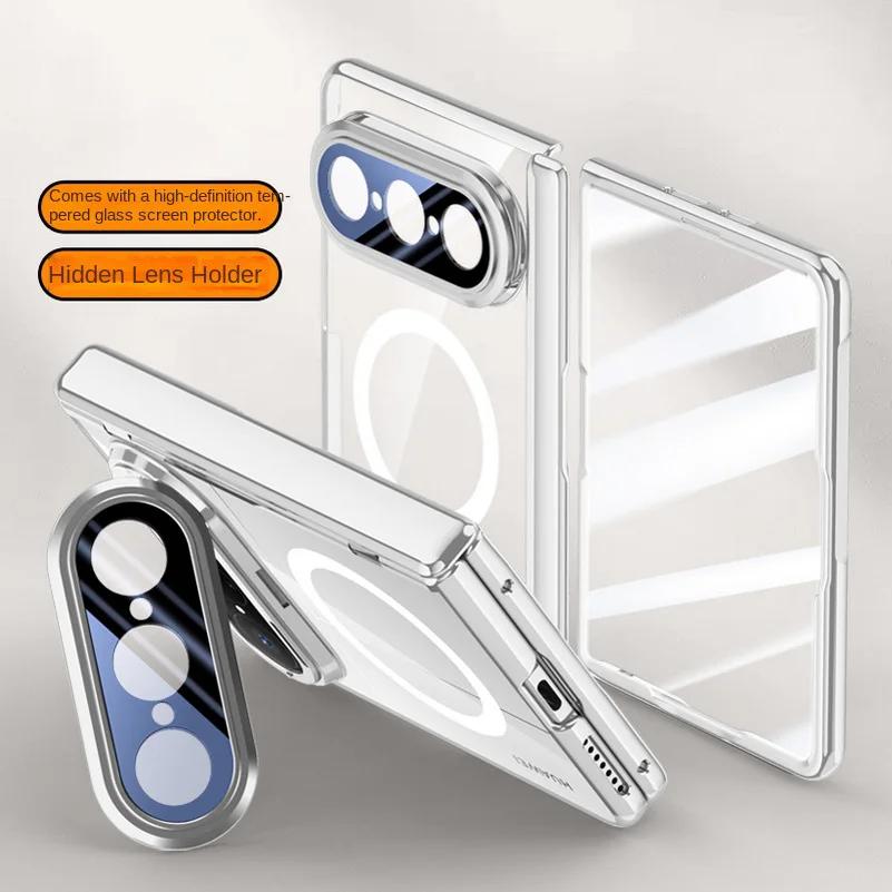 Magnetic Ring Transparent Privacy Screen Tempered Glass Protector Case For Huawei Pura X Max Spring Hinged Holder Back Cover