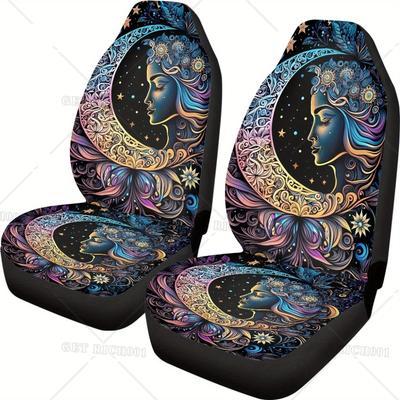 2-delige Boho Kunst Ster Maan Autostoelhoezen Voor Mannen en Vrouwen, Wasbare Voorstoelhoezen Voor SUV's