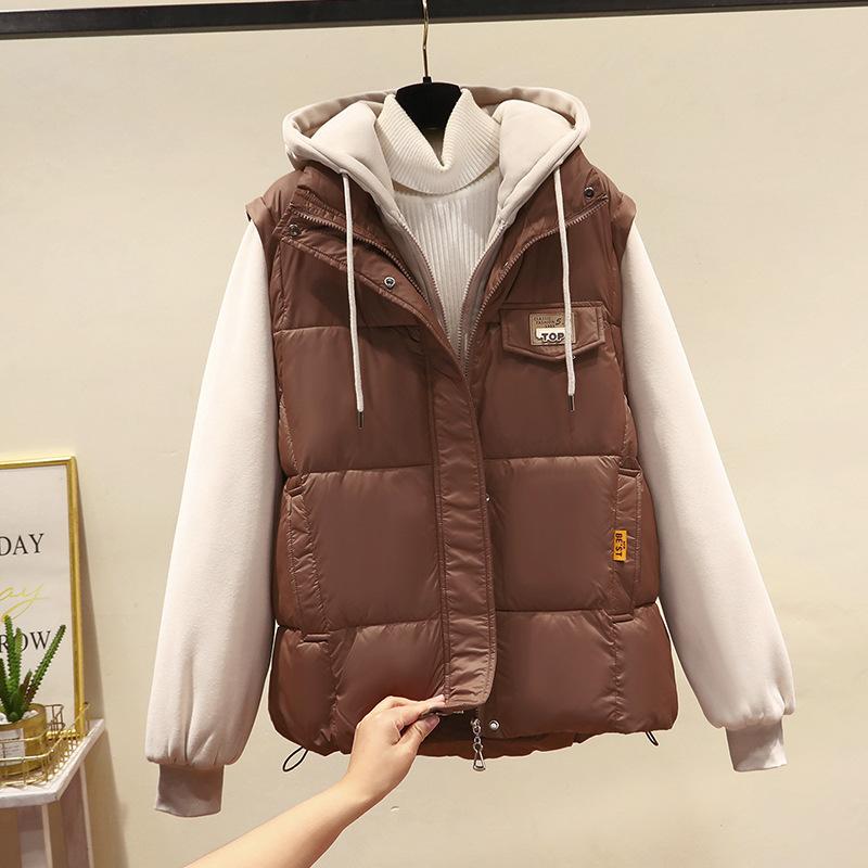 Splicing fake two-piece cotton jacket vest jacket women's autumn and winter new fashion hooded sweater jacket