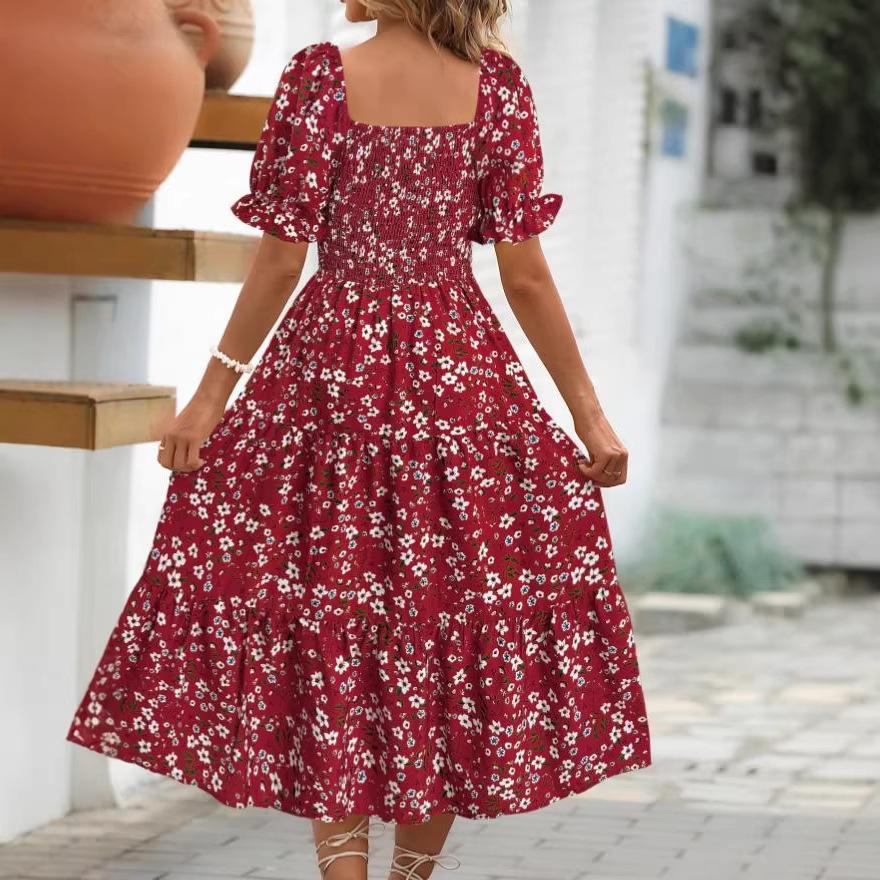 Women Dress Printed Square Collar Waist Puff Sleeve Layered Women's Dress Sweet Style Dress