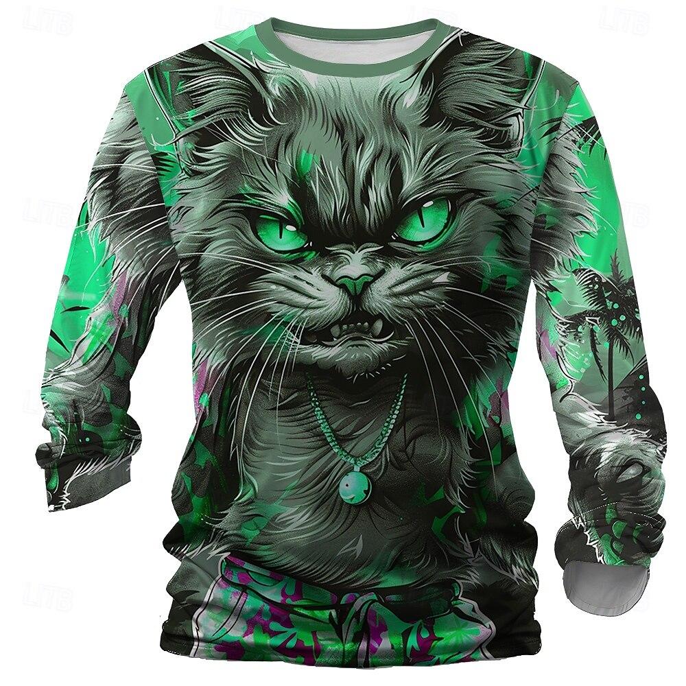3D Print Cats Graphic Men's T-Shirts Fashion Creative Design Long Sleeve Round Neck Pullover Tops Autumn Casual Comfortable Tees
