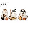 Small Ghost Statues for Shelves Halloween Table Ornament, 2D Wooden Figurine with Cute Tiered Tray Decor Pumpkin/Black Cat/Broom Home Office