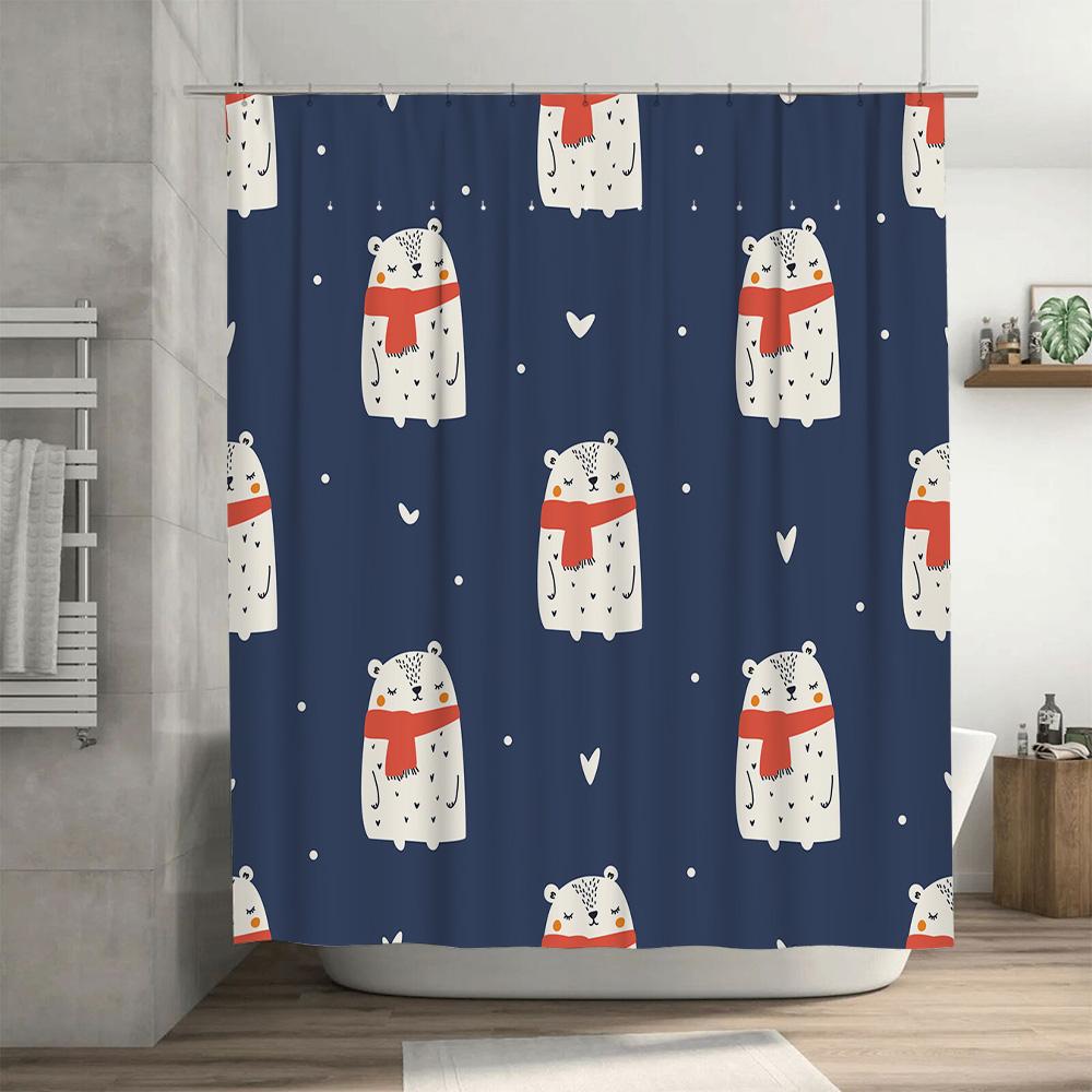 Whimsical Winter Bear Blue Shower Curtain For Bathroom Decor Soft Fabric With Hooks Perfect Gift Idea
