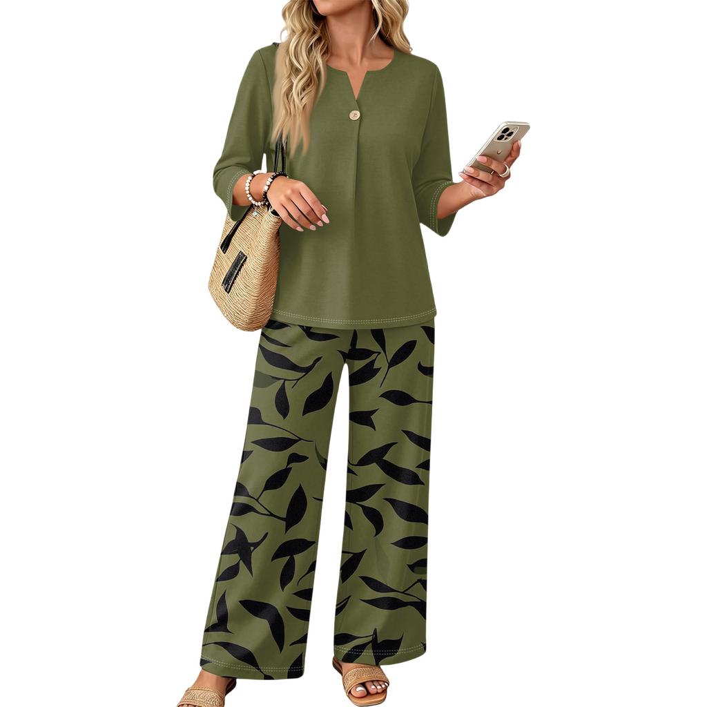 Women's Casual Printed 2 Piece Outfit with 3/4 Sleeve Button Top and Wide Leg Pants Set