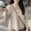 Thin French Style Short Sleeved Shirt for Women In Summer Loose Artistic Square Neck Bubble Sleeve Short Top