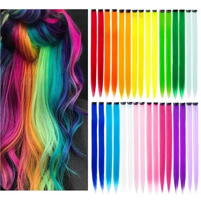 10Packs Colored Hair Extensions 22Inch Straight Color Clip In On Hair Extension Rainbow Party Highlights Synthetic Hairpiece