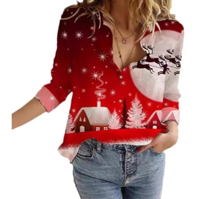 Women's Long Sleeve Shirts Sweet Cute Christmas Santa Claus Print Turn-down Collar Button Shirt Autumn New Streetwear Clothing