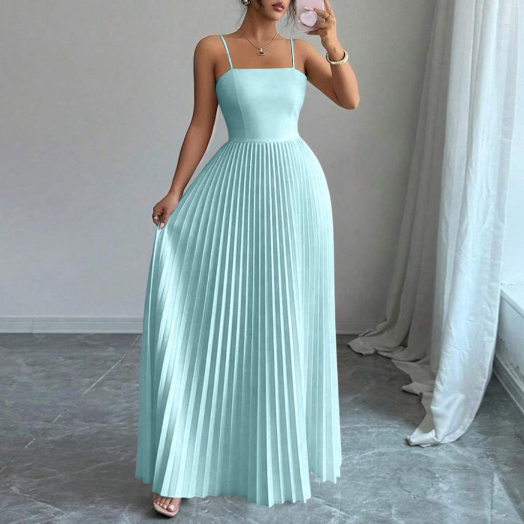 Vestido largo de color plisado con cintura ajustada y tirantes finos para mujer para salir por la noche