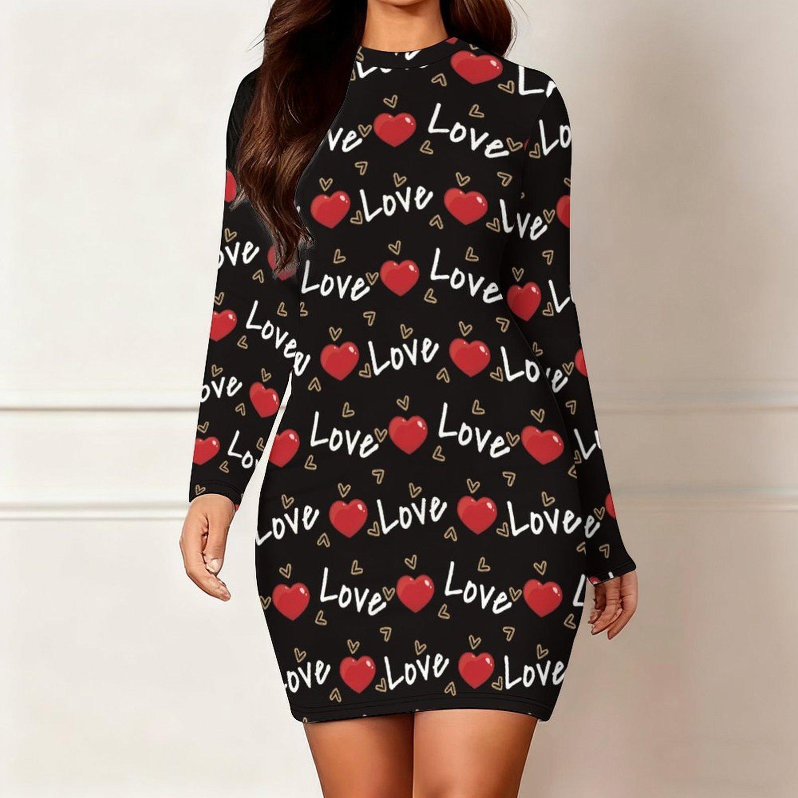 

2025 Autumn and Winter New Women s Hip-wrapped Dress,3D Heart Print Women s Long-sleeved Round Neck Sexy Hip-wrapped Dress Valentine s Day Gift S