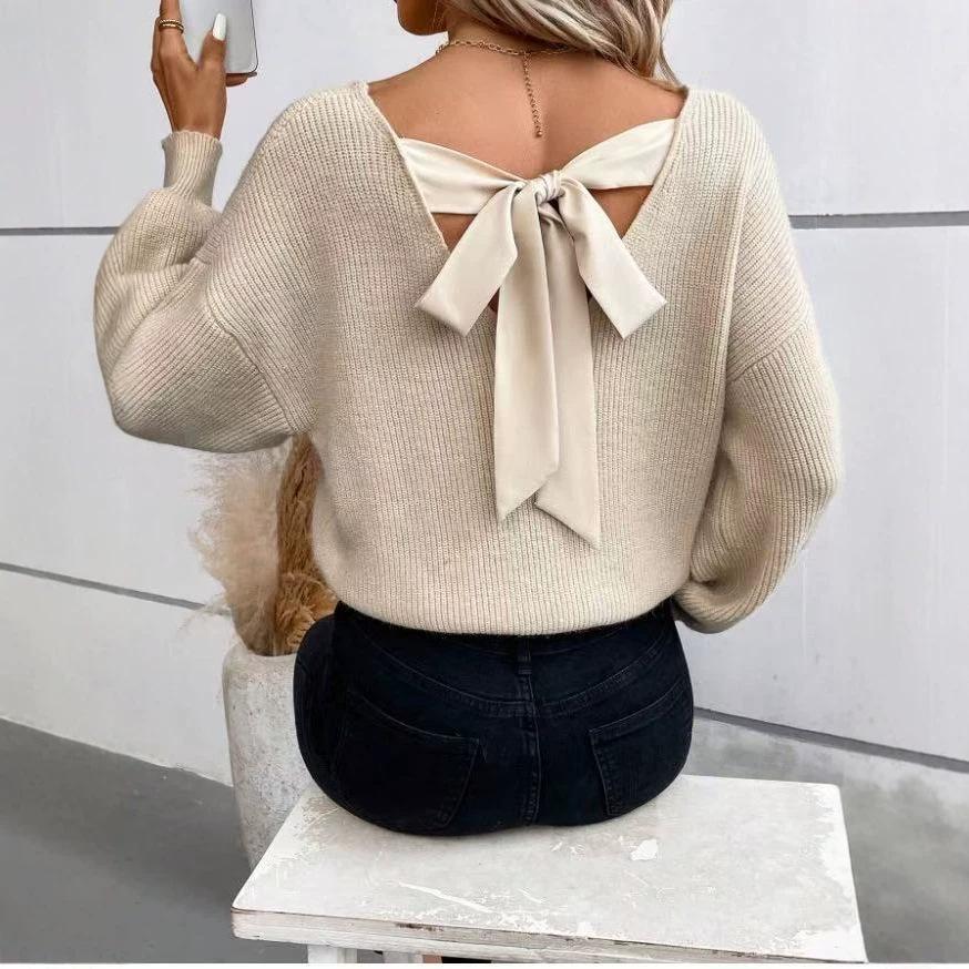 V-neck Solid Color Long Sleeve Casual Loose Sweater with Bow for Women - Autumn Collection
