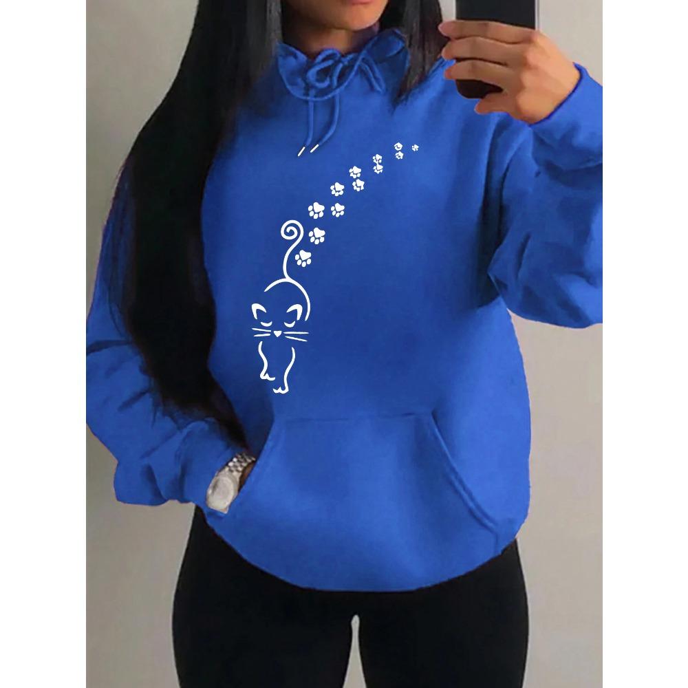 Cats And Footprints Creative Design Female Sweatshirt Hip Hop Pocket Hoodies Creativity Warm Pullover Street Style Fleece