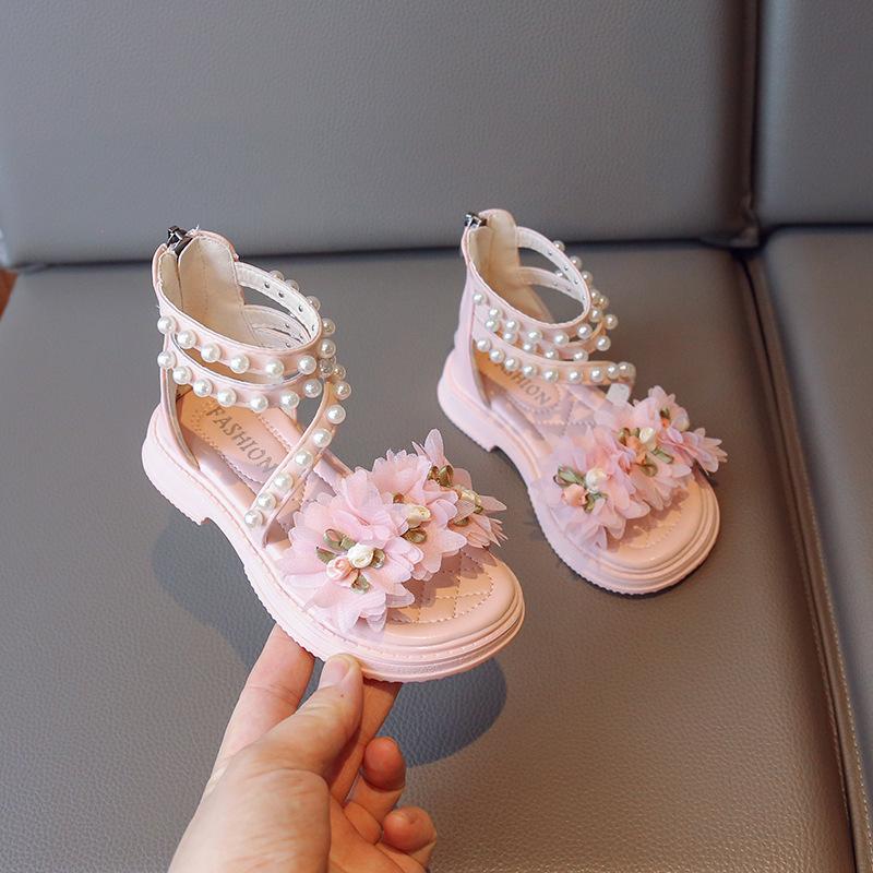 Girls 2025 spring and summer new sandals medium and older children's Roman shoes flower baby cool soft sole beach shoes high top