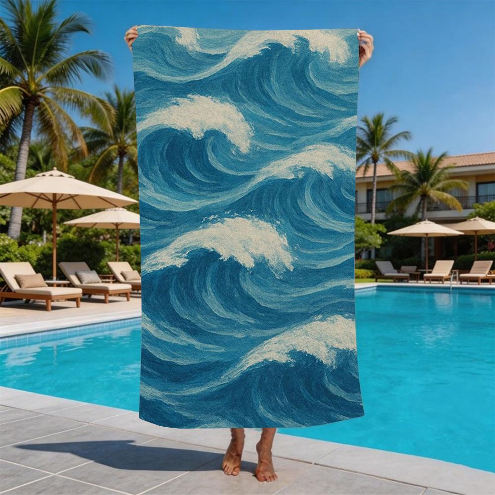 Textured Oil Painting Blue Ocean Wave Print Beach Towel Quick Dry Towel for Summer Beach Pool Camping Trip