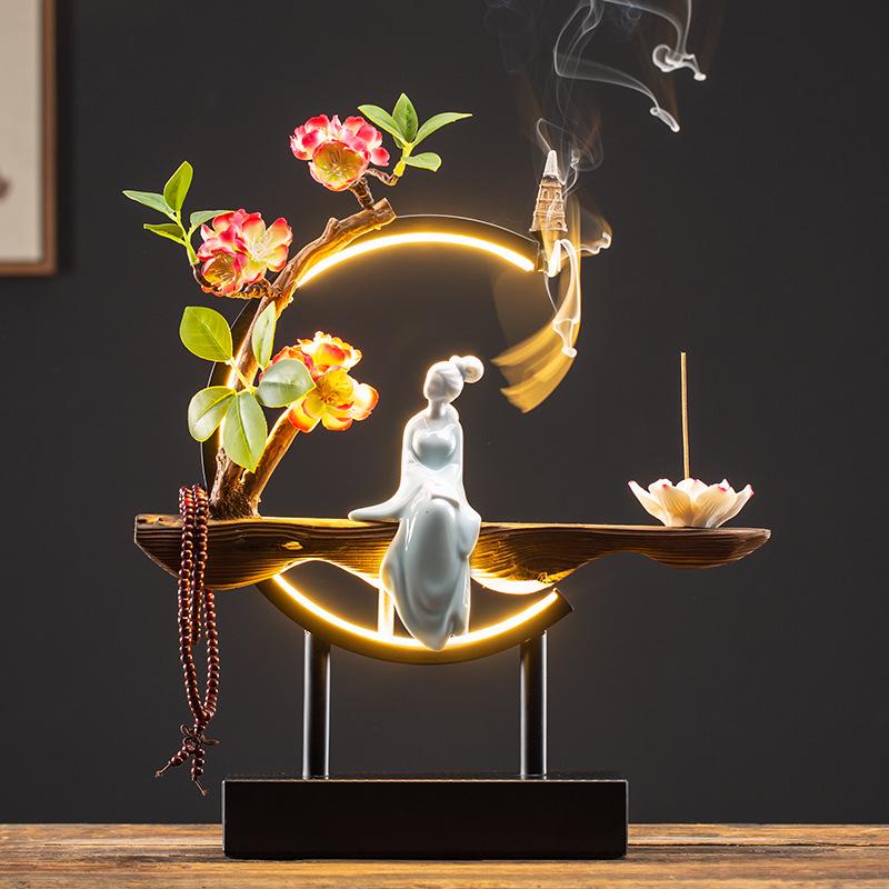 Chinese Style LED Ring Lamp with Backflow Incense Burner for Living Room Decor