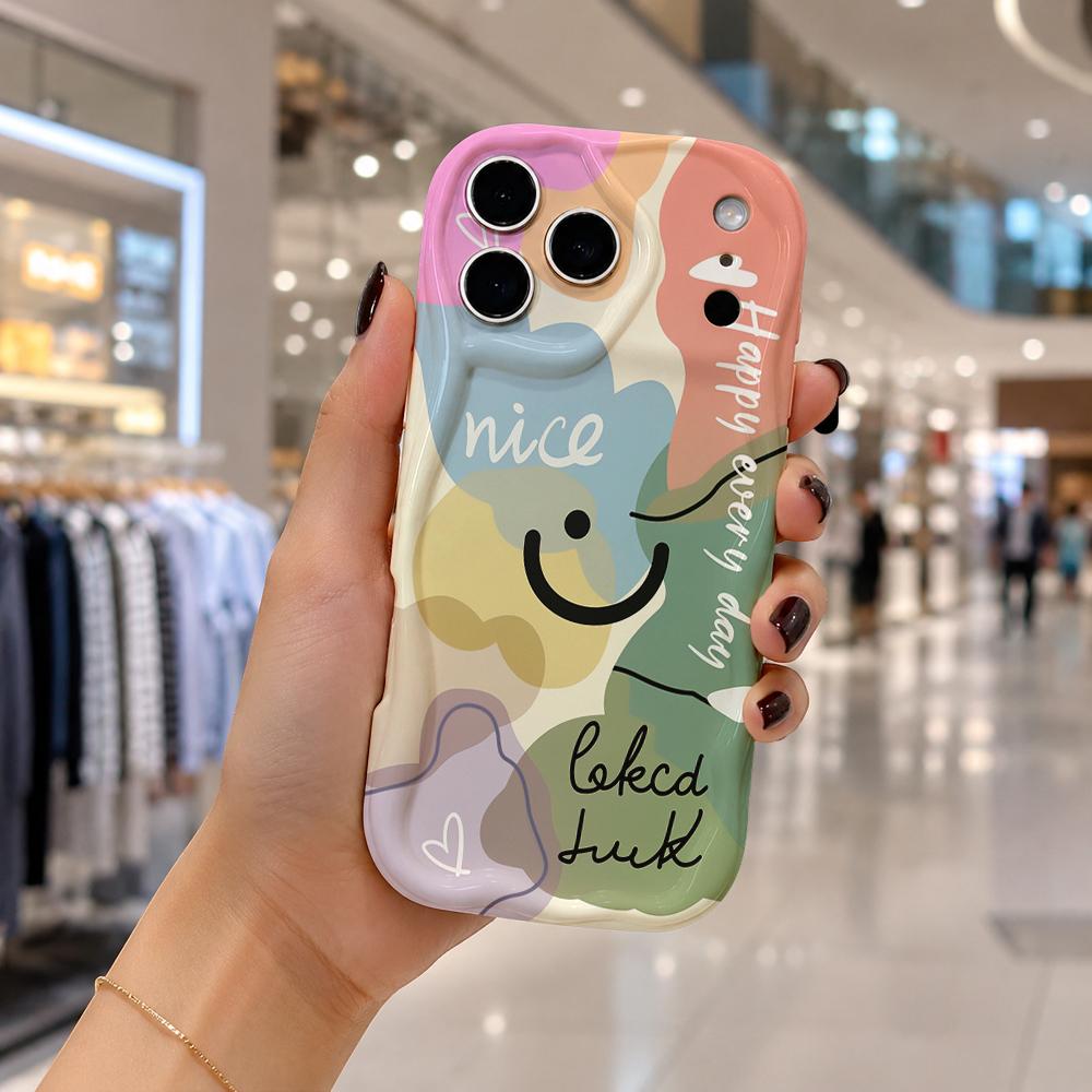 Pastel Smile Hand Letter Good Luck Phone Case For iPhone 17 16 15 14 13 12 11 Pro Max Plus Wavy Edge Cover