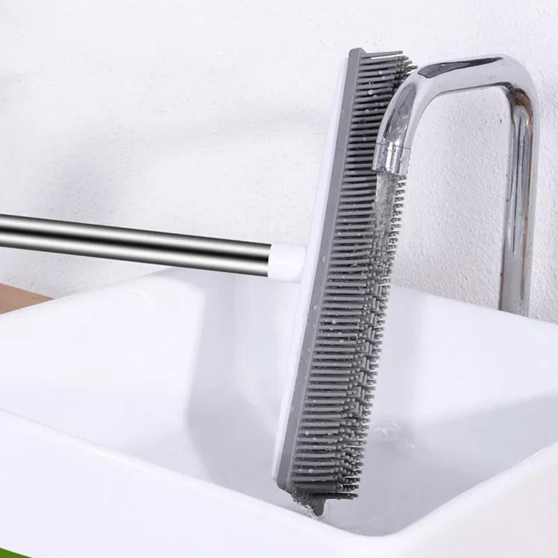 Rubber Broom Carpet Rake With Squeegee Long Handle For Pet Hair Fur Remover Broom For Fluff Carpet Hardwood Floor No Scratch