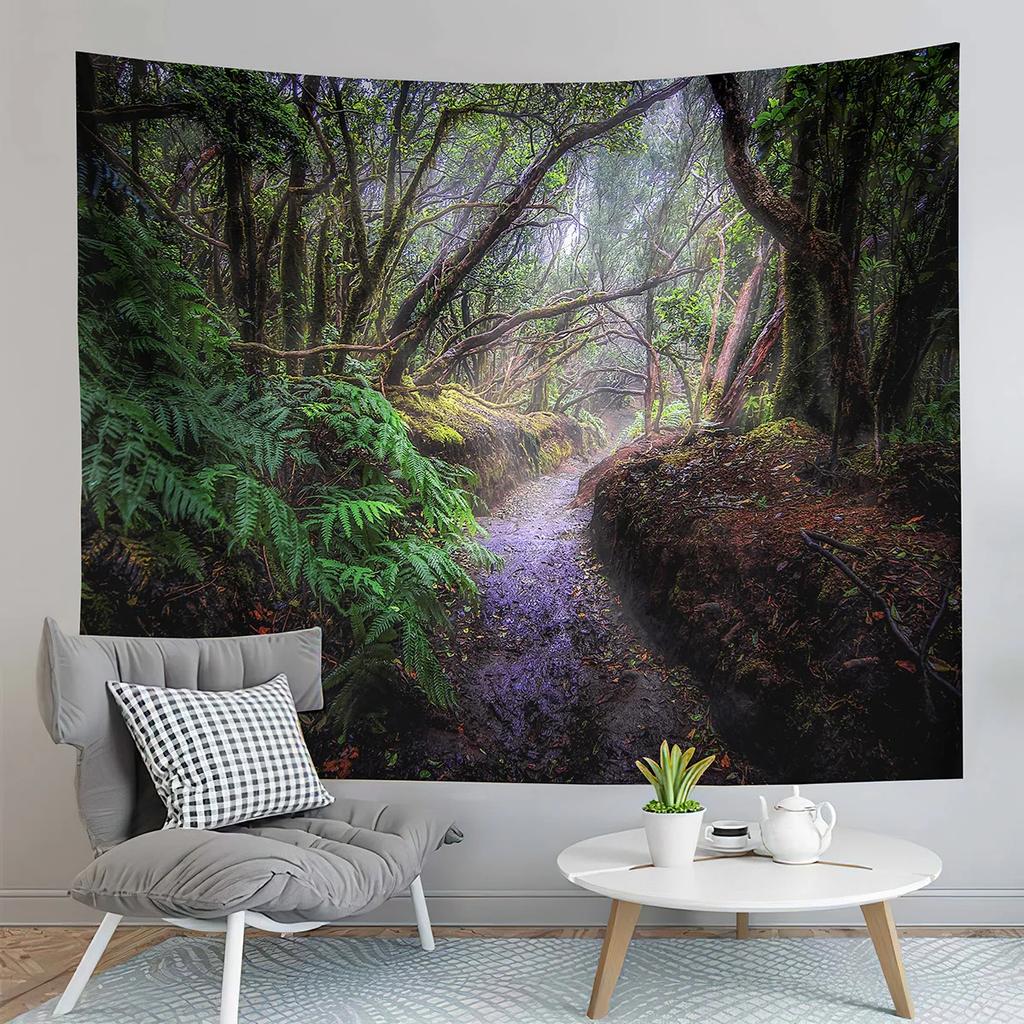 Jungle Tapestry Primeval Rainforest Foliage Greenery Wooden Pathway Tapestry Art Home Living Room Bedroom Decor Tapestries
