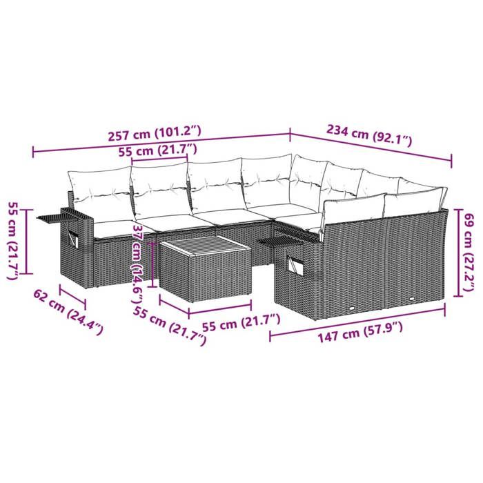 VidaXL Salon de Jardin avec Coussins 9 pcs, Canapés de Terrasse, Ensemble de Meubles de Patio, Mobilier d'Extérieur, Noir 3224488