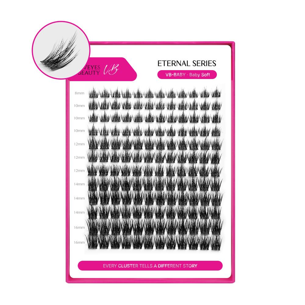 

Veyesbeauty Eternal Series Baby N°10 Lash Clusters Invisible Band Long-Lasting & Light Soft Baby Doll Effect 144 Clusters 8-16mm Lash Tray чорний