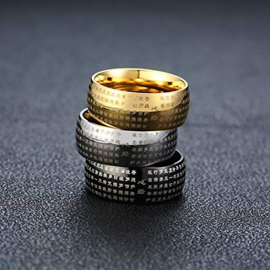 Rockyu Brand Titanium Ring for Heart Sutra 8mm Round Metallic Protection from Good Religious Style Men, Gold, Engraved, Top, Finish, Evil, Luck,