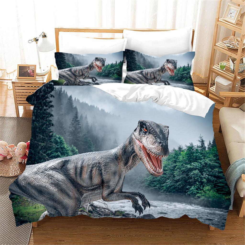 3 stk Sengesett 3d Dinosaur World Tyrannosaurus Rex Kids Barn Mikrofiber Polyester Seng Dynetrekk Sett Og 2 stk Putetrekk