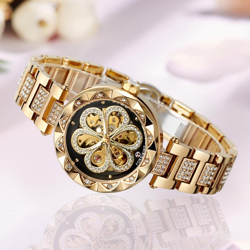 FORSINING Luxury Women's Automatic Watch Flower Skeleton Ladies Mechanical Wristwatch with Diamond Cut Bezel & Crystal Bracelet