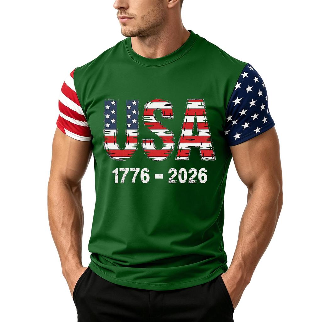 Men's Loose Fit Short Sleeve T Shirt USA Flag Print Casual Summer Daily Wear Crew Neck Top for Outdoor Activities