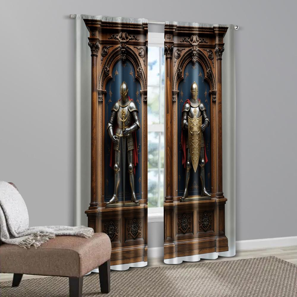 2pcs   Light Filtering Curtains Medieval Knight Armor Fabric (without rod) Festive Use for Living Room & Kitchen Decor