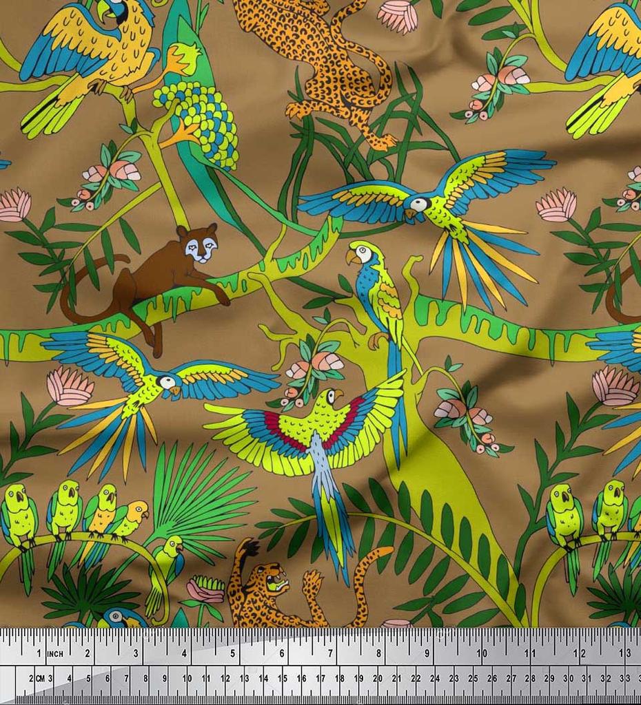 Soimoi Japan Crepe Satin Fabric Branches,Parrot & Leopard Jungle Print Fabric by the metre 42 Inch