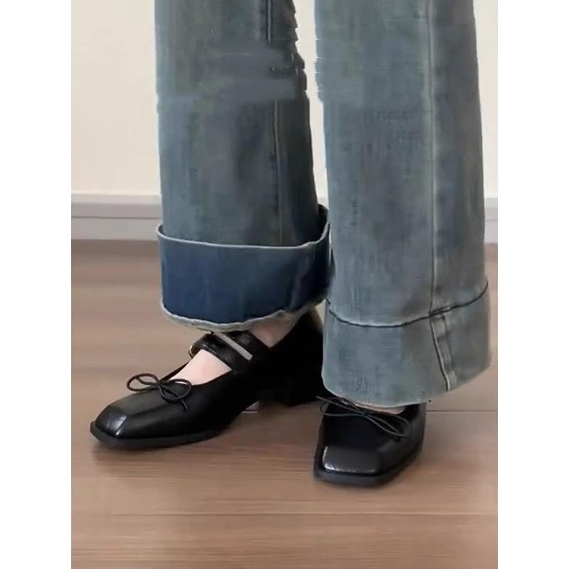Blue Cabinet~ Retro thick heel black Mary Jane shoes women's spring light mouth small leather shoes double breasted with thick heel single shoes