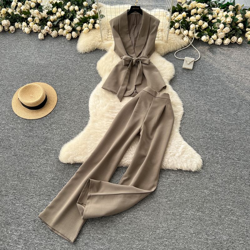 Summer Clothing Commuter Business Suit Women High-Grade Lace-up Waist Hugging Sleeveless Suit Top + High Waist Wide Leg Straight Pants