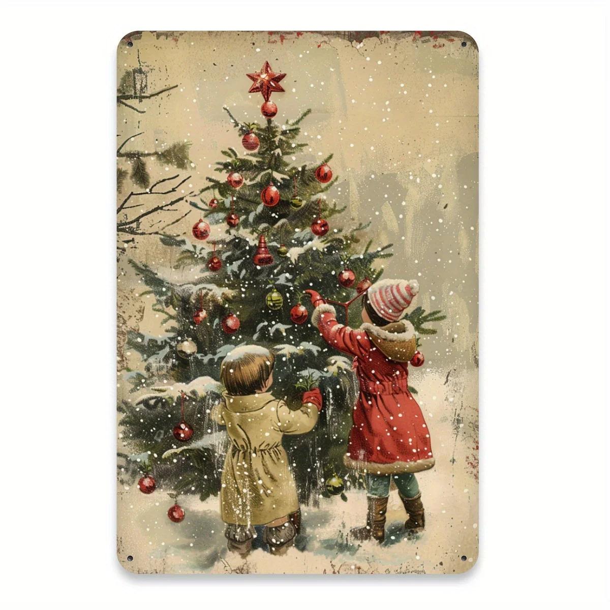 

Christmas Tin Sign Youngsters Decorating Tree in Snow Metal Wall Art for Home Cafe or Garage Festive Holiday Decor with 20x30cm（7.8x11.8inch）