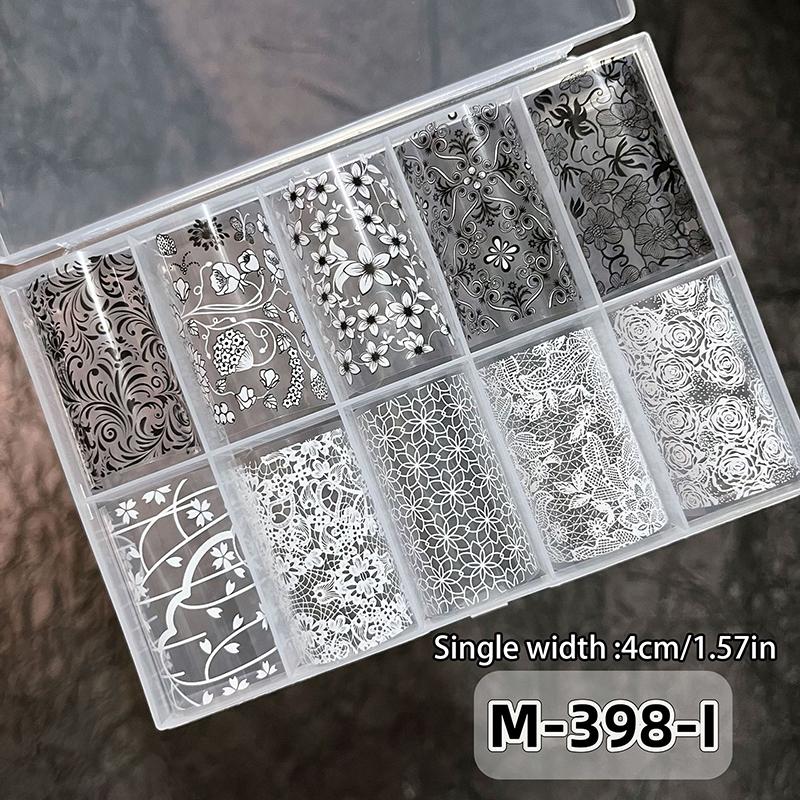 1/10 Rotolo Elegante Bianco Nero Pizzo Fiore Unghie Foil da Trasferimento Fantasia Retrò Floreale Cielo Stellato Carta Adesiva Manicure Accessori