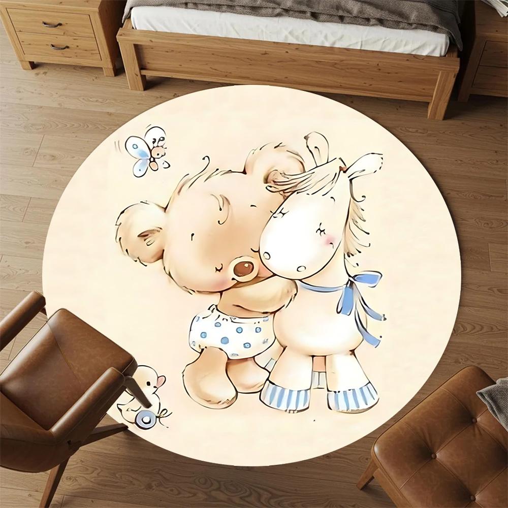 1 szt. mata podłogowa okrągła z misiem i koniem, dywanik do pokoju - antypoślizgowa, mata podłogowa do biura, sypialni i wystroju wnętrz c1125169